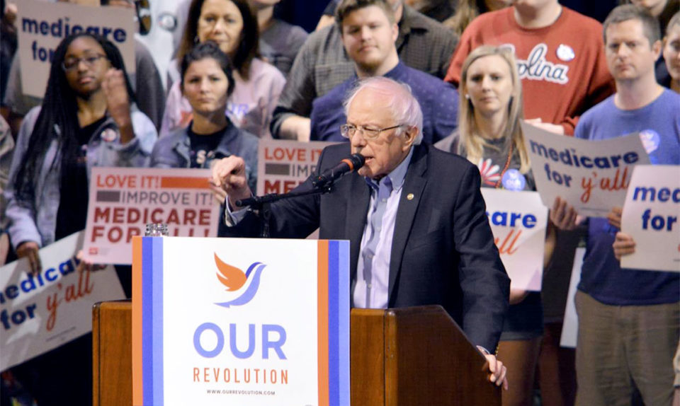 Sen. Bernie Sanders addresses supporters at a Medicare for All rally